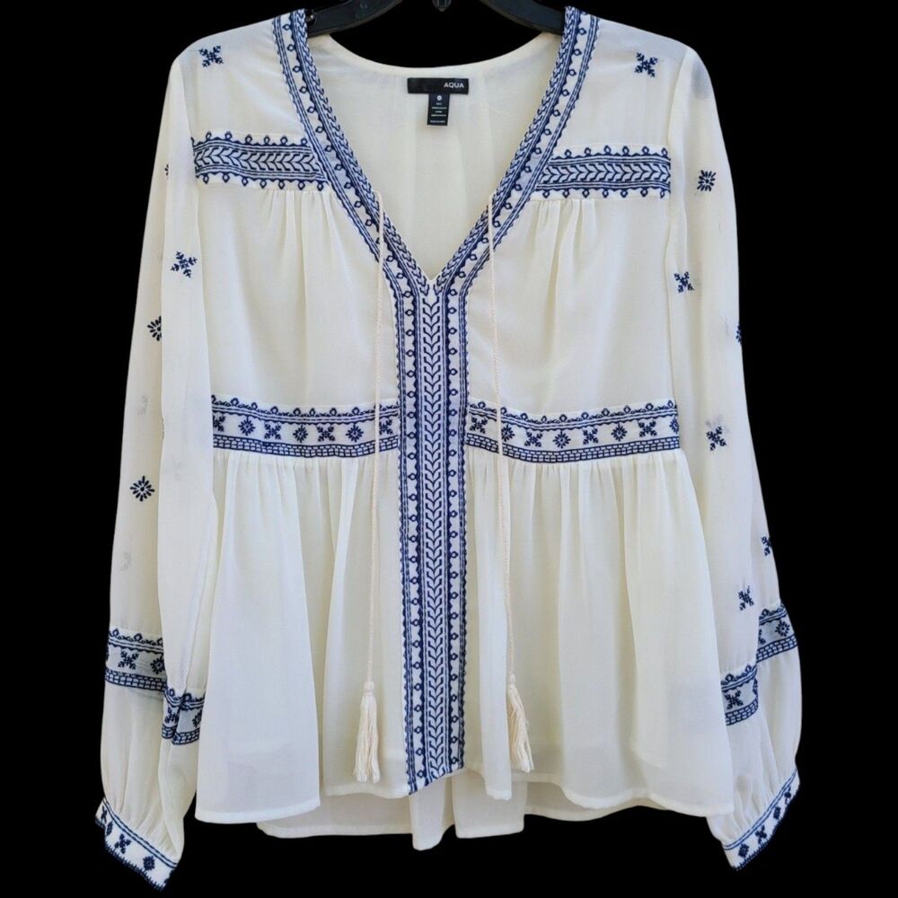 Aqua Ivory + Blue Blouse Embroidered Accents Womens Medium